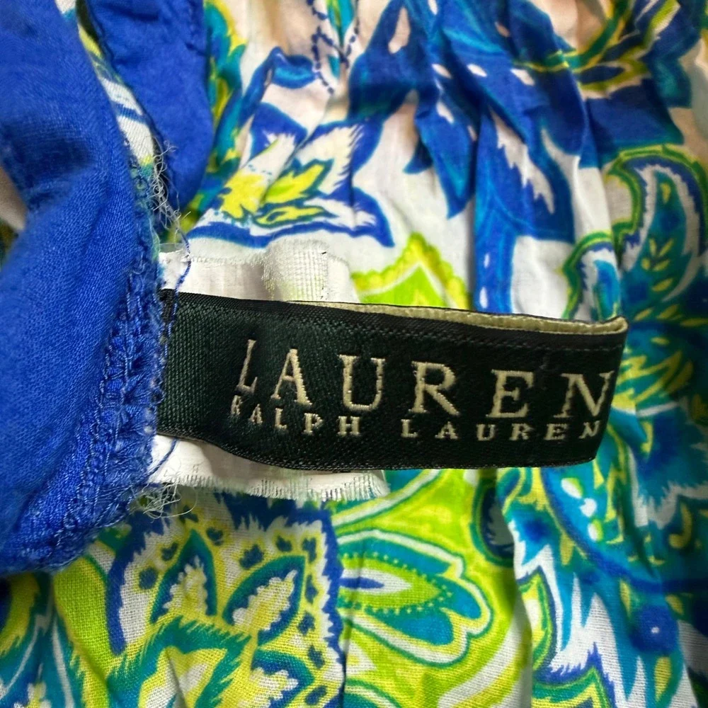 Lauren Ralph‎ Lauren Blue Green Paisley Cotton Empire Waist V-Neck Dress Small